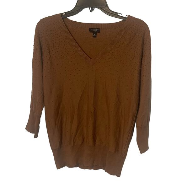 Ann Taylor Size Small Petite Beaded Brown Silk Blend Henley Sweater - Picture 1 of 9